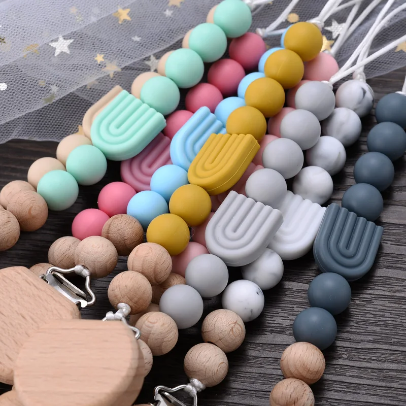 Baby Beech Pacifier Clip Baby Anti-drop Pacifier Chain Silicone Rainbow Beads Teething Chain Toy Gifts Dummy Holder Nipple Clip