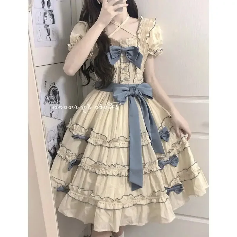 Lolita Cute Girl Princess Dress Flounce Contrast Color Patchwork Bow Fairycore Y2k Dresses Autumn New Ball Gown Midi Dress