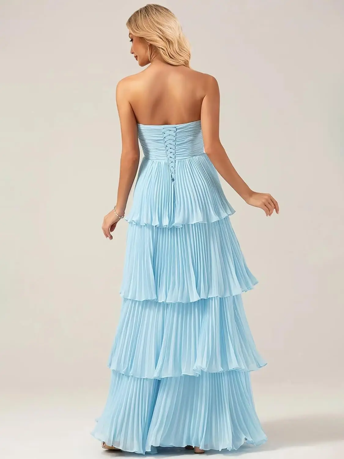 レディース ストラップレス ストラップレス ボールガウン、シフォンレイヤード、パーティーガウン、フリル付きブライズメイドガウン、レディース エレガント フォーマル イブニングガウン