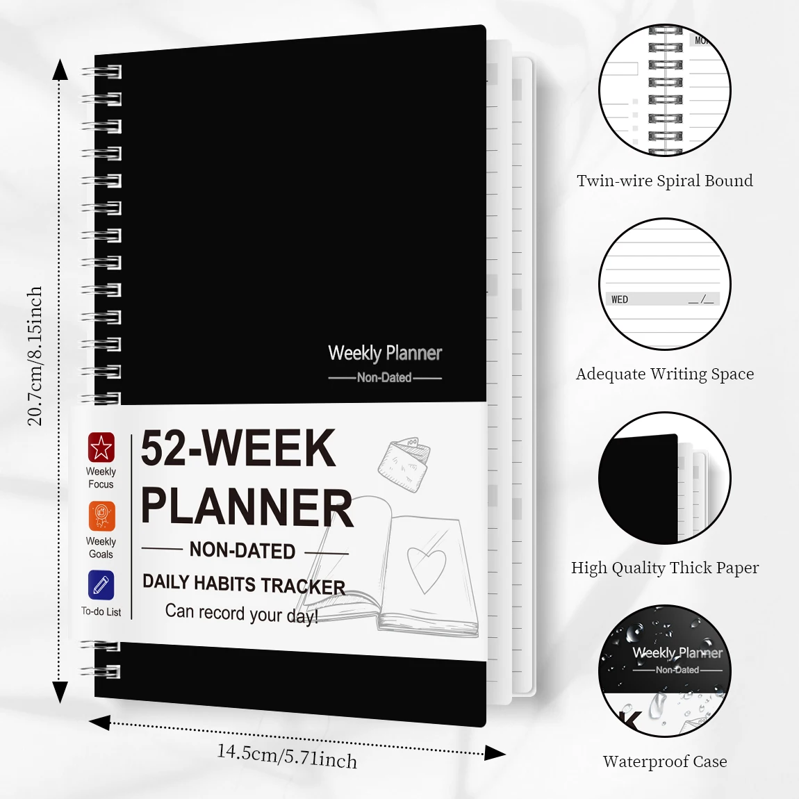 52 Week Weekly Planner Non Dated A5 Spiral Bound with Habit Tracker Weekly Goals to Do List Productivity Journal