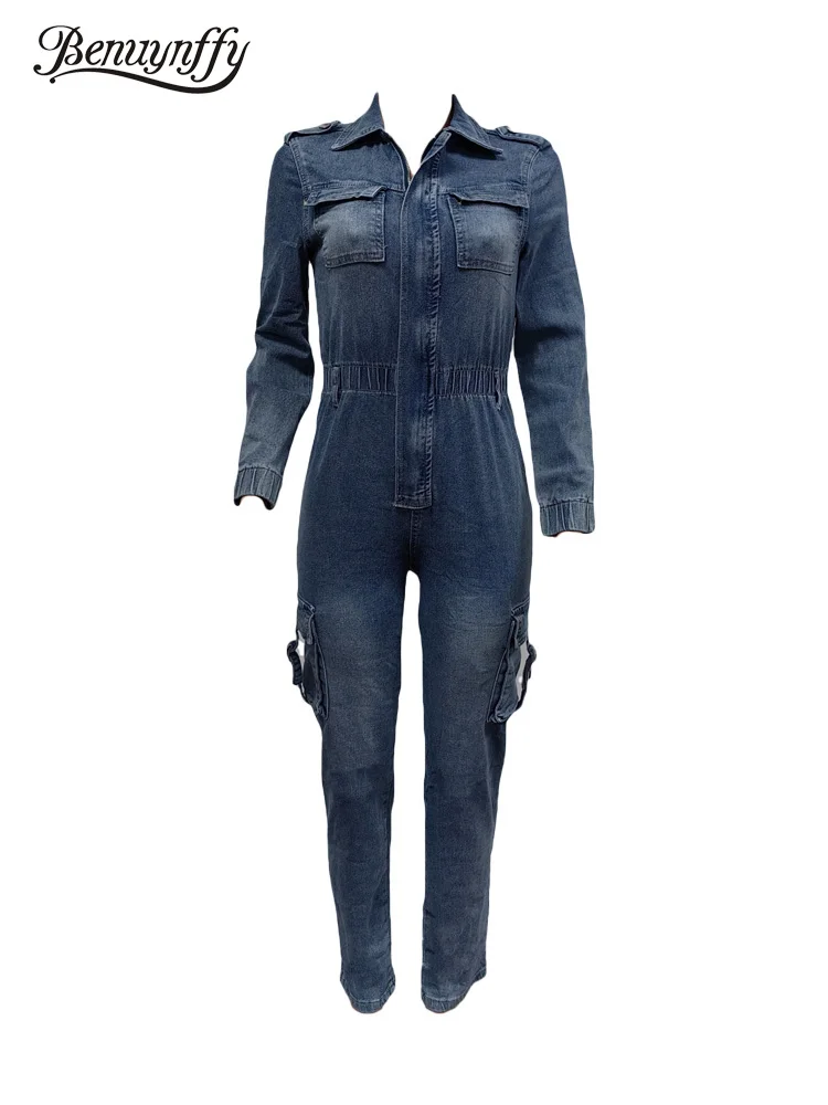 Benuynffy Y2k Multi Pocket Cargo Denim Jumpsuits Women's Autumn New Streetwear Long Sleeve Fashion High Elastic Jean Overalls