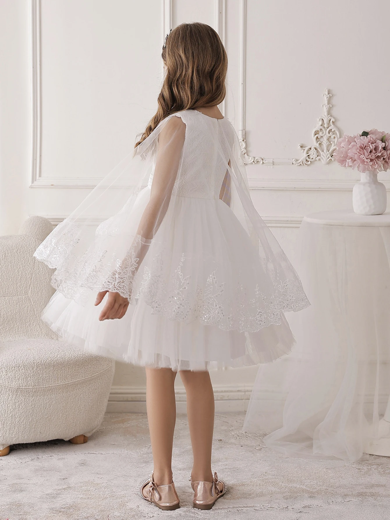 Girls' White Gauze Princess Dress Draped Design Children's Tulle Dresses Suitable for Birthday Party Weddings