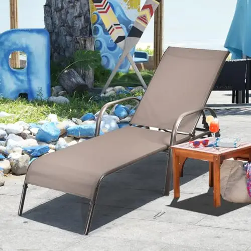 Patio Lounge Chair with 5 Adjustable Backrest, Brown | Outdoor Chaise Lounge with Sturdy Steel Frame, Sunbathing