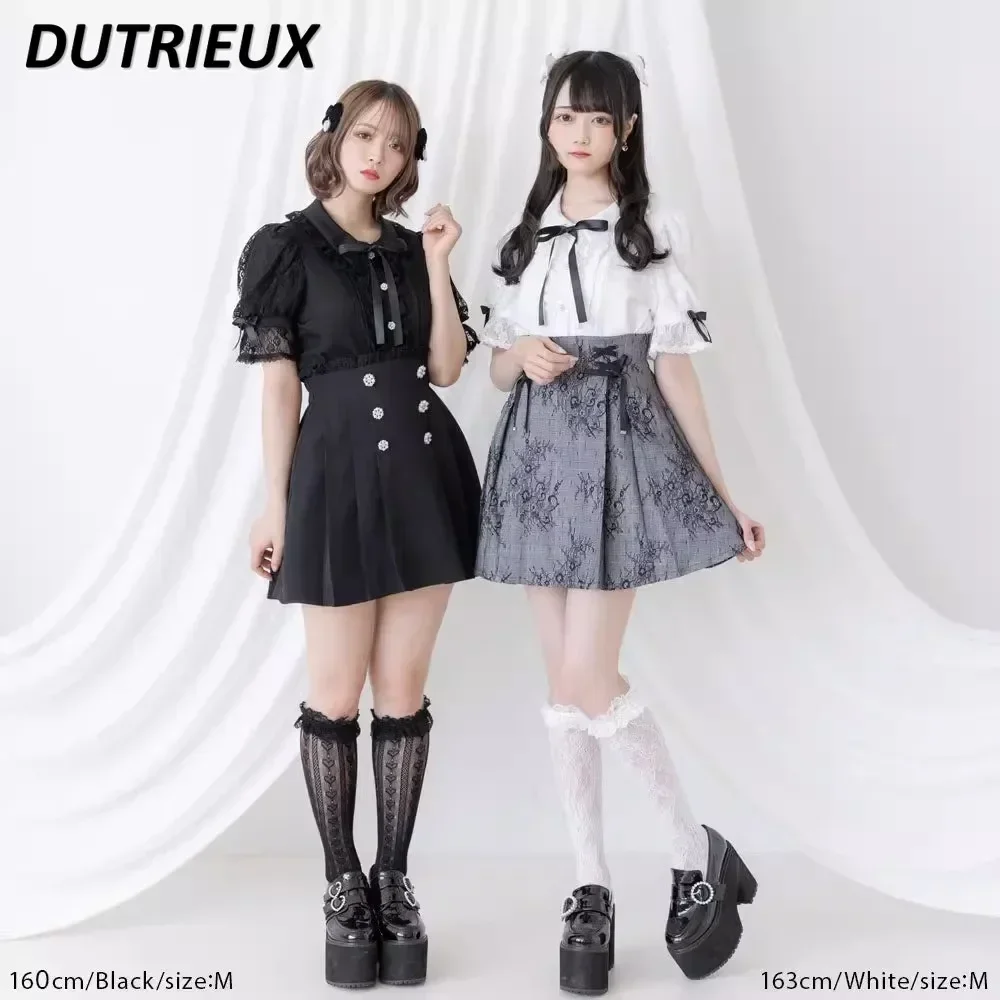 Japanese Sweet Cute Flared Short Sleeve Ribbon Bow Lace Chiffon Blouse Lolita Top Ruffled Black and White Shirt Camisa Feminina