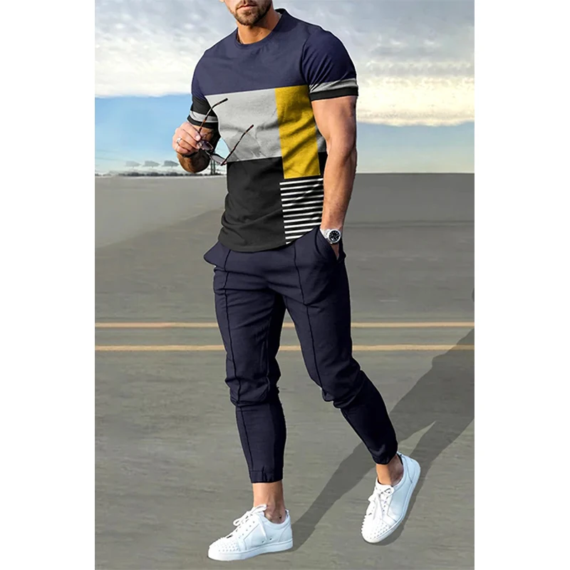 Summer Men\'s T-shirt Long Pants Tracksuit Geometry 3D Print T Shirts Trousers Set 2 Pieces Streetwear Oversized Suits Sportswear