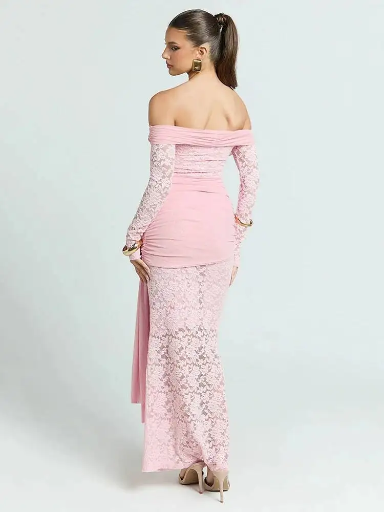 JULISSA MO Sexy Off Schulter Sheer Spitze Bandage Frauen Maxi Kleid Langarm Blumen Kleid Herbst Neue Elegante Party Abendkleid