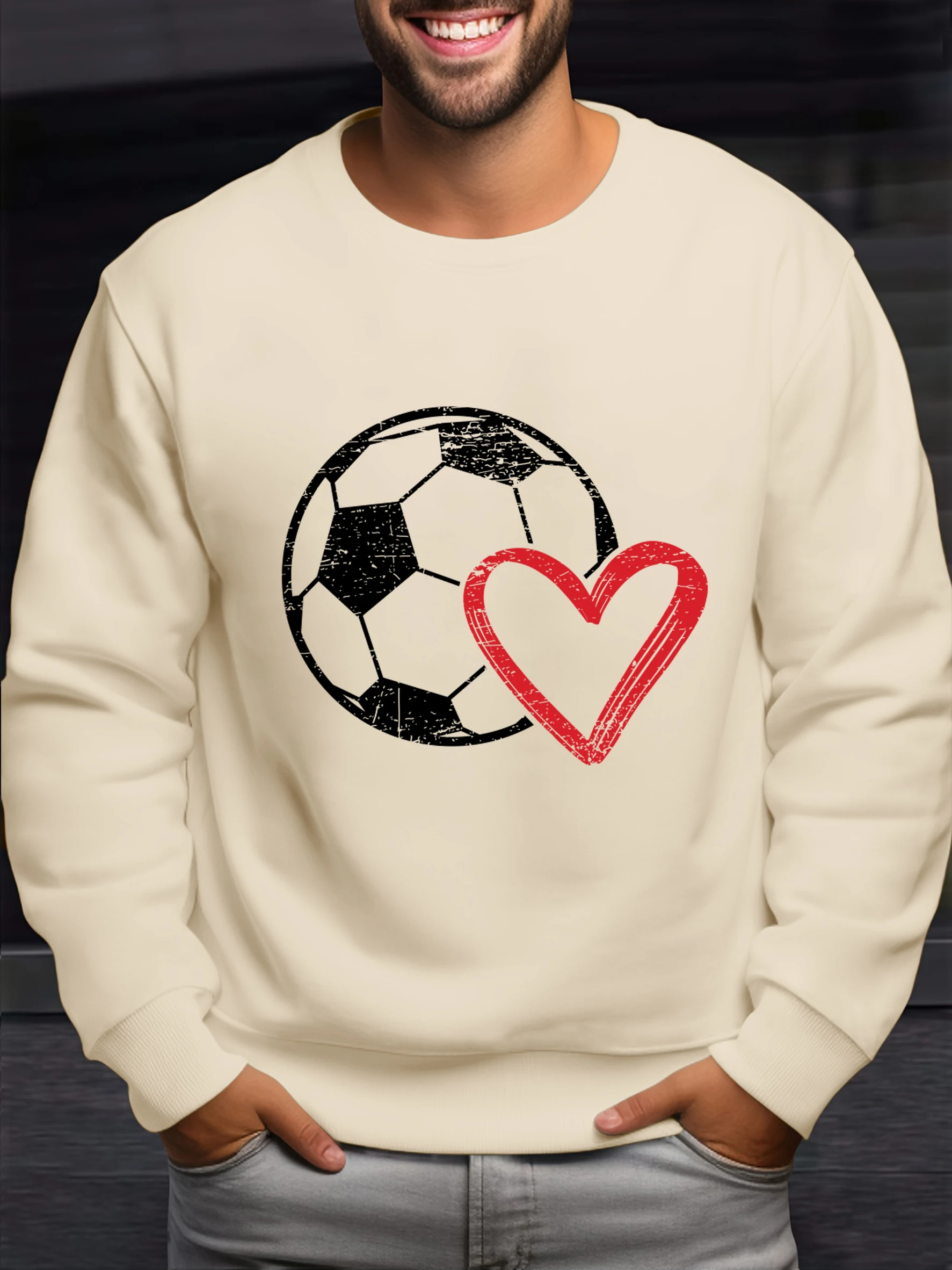 

Мужская толстовка с принтом футбольного сердца, модные пуловеры, повседневная свободная одежда, осенний флис унисекс с длинным рукавом