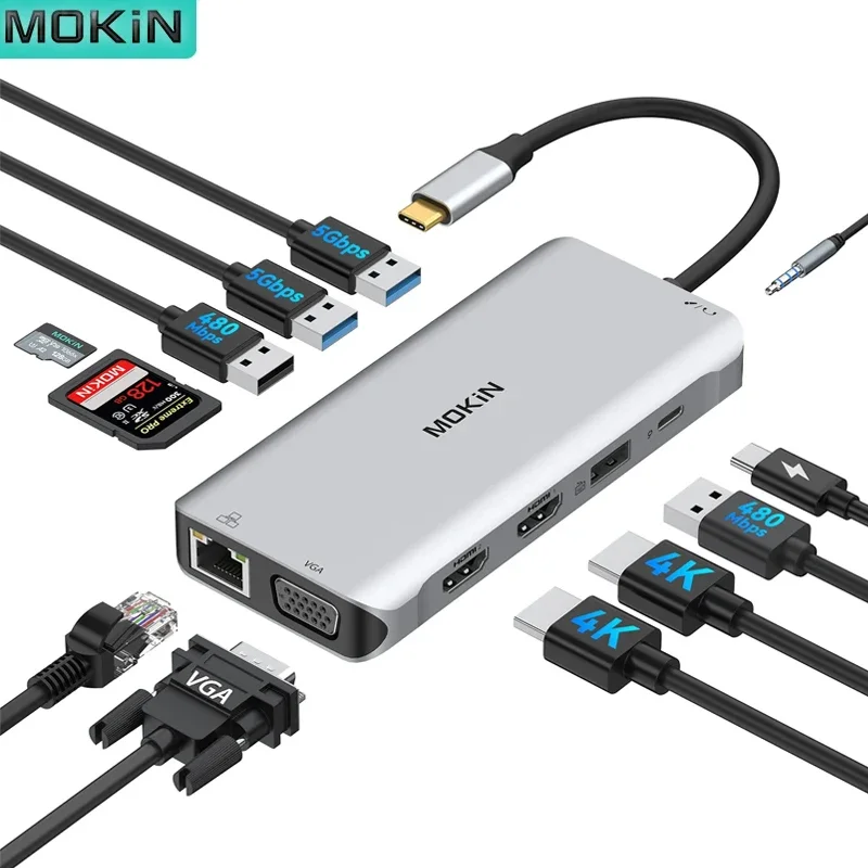 

MOKiN USB C HUB Docking Station 4K 60Hz Type C to Dual HDMI VGA RJ45 USB 3.0 PD 100W Adapter For Macbook Air Pro iPad Pro M2 M1