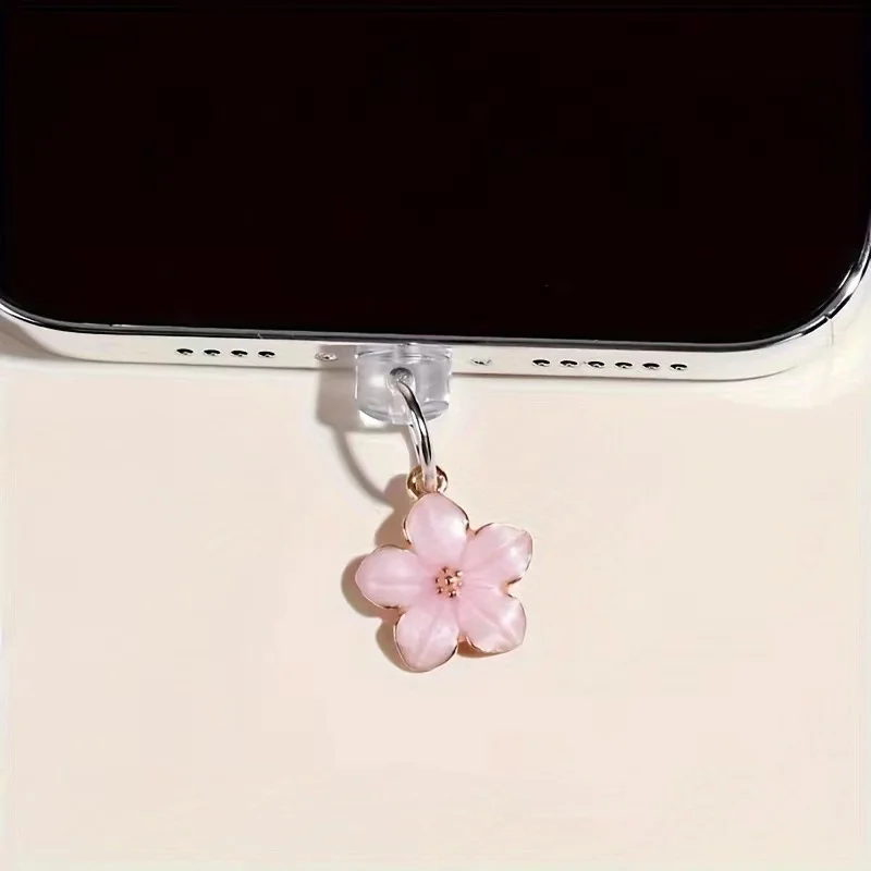 Alloy transparent cherry blossom pearl phone dust plug Apple 15 phone universal pendant charging port headphone jack