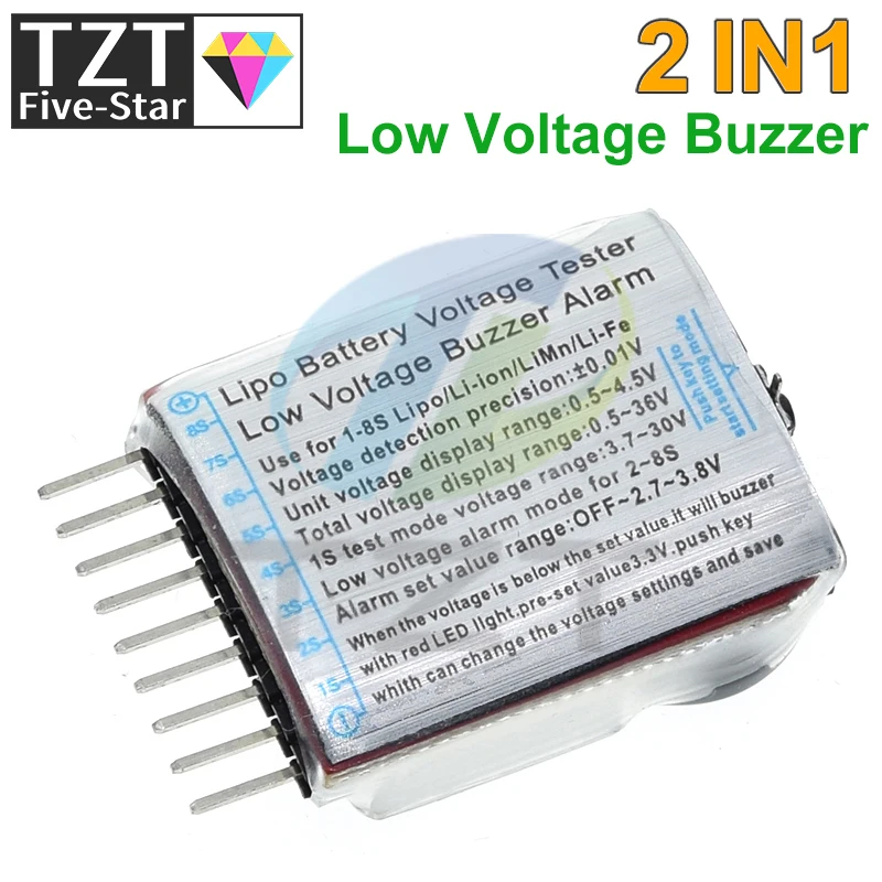 TZT 1-8S Lipo/Li-ion/Fe RC helicopter airplane boat etc Battery Voltage 2 IN1 Tester Low Voltage Buzzer Alarm