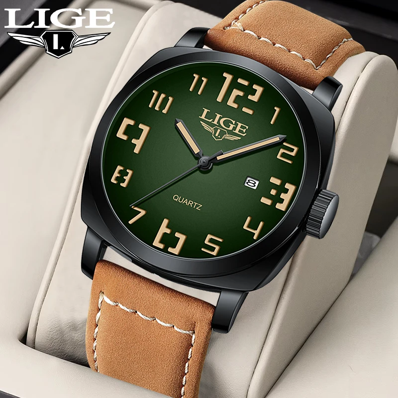 LIGE Fashion Quartz Man Watch Retro Outdoor Special Unique Casual Sport Leather Clock Waterproof Calendar Simple Watches for Men