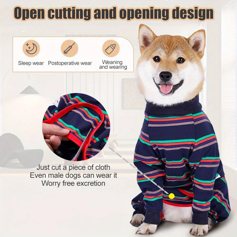 قميص مخطط للكلاب بعد الجراحة ملابس الفطام عالية المرونة بأربعة أرجل تغطية كاملة بيجامات ناعمة قابلة للتنفس صديقة للبيج