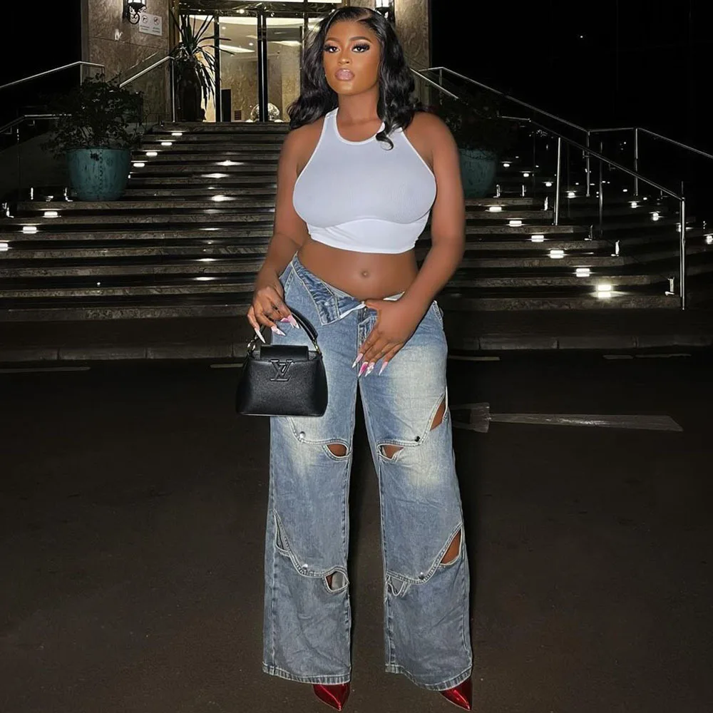 

Женские прямые джинсы с высокой талией, выбеленные, с вырезами, длиной в пол, винтажные, в уличном стиле, с эффектом потертости