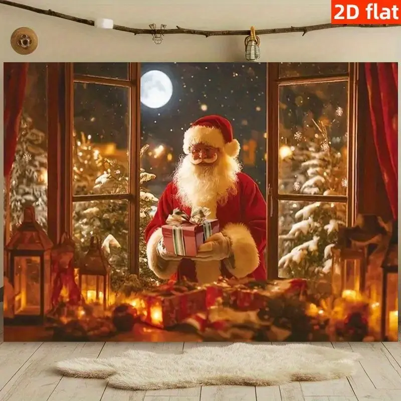 VIKAMA Santa Gift Box Wall Hanging Tapestry, Christmas Window Scene with Snow Moon Pine Tree for Cozy Holiday Home Decor