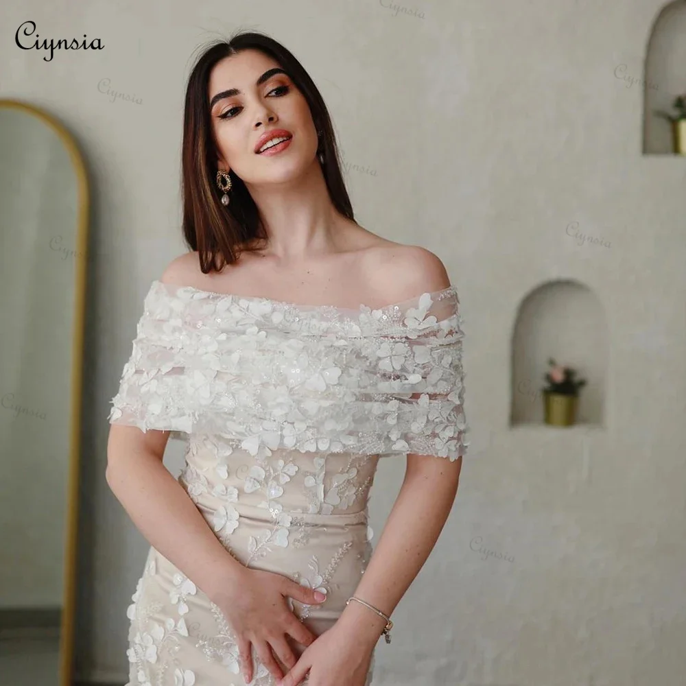 Ciynsia Ivory Off Shoulder Evening Dresses for Women Luxury Lace Beaded Tea Length Formal Party Gowns Sheath Vestidos De Gala