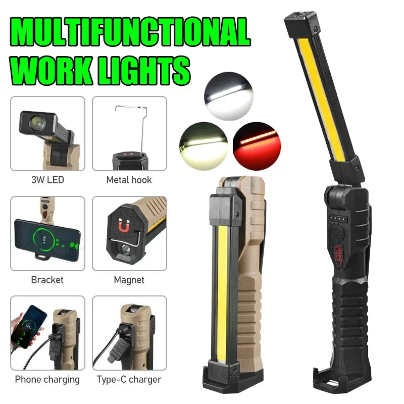 Portable Folding Cob XPE LED Work Light Built-in Battery Handheld Flashlight Emergency Car Inspection Lamp for Camping Tent