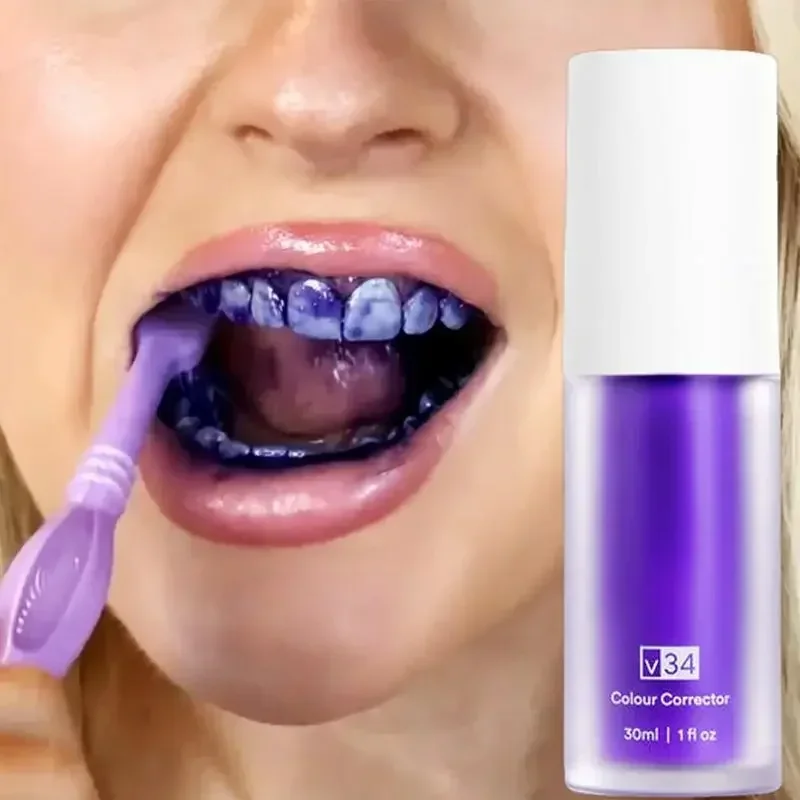 V34 30ml SMILEKIT Purple Whitening Toothpaste Reduce Yellowing Remove Stains Care For Teeth Gums Fresh Breath Brightening Teeth