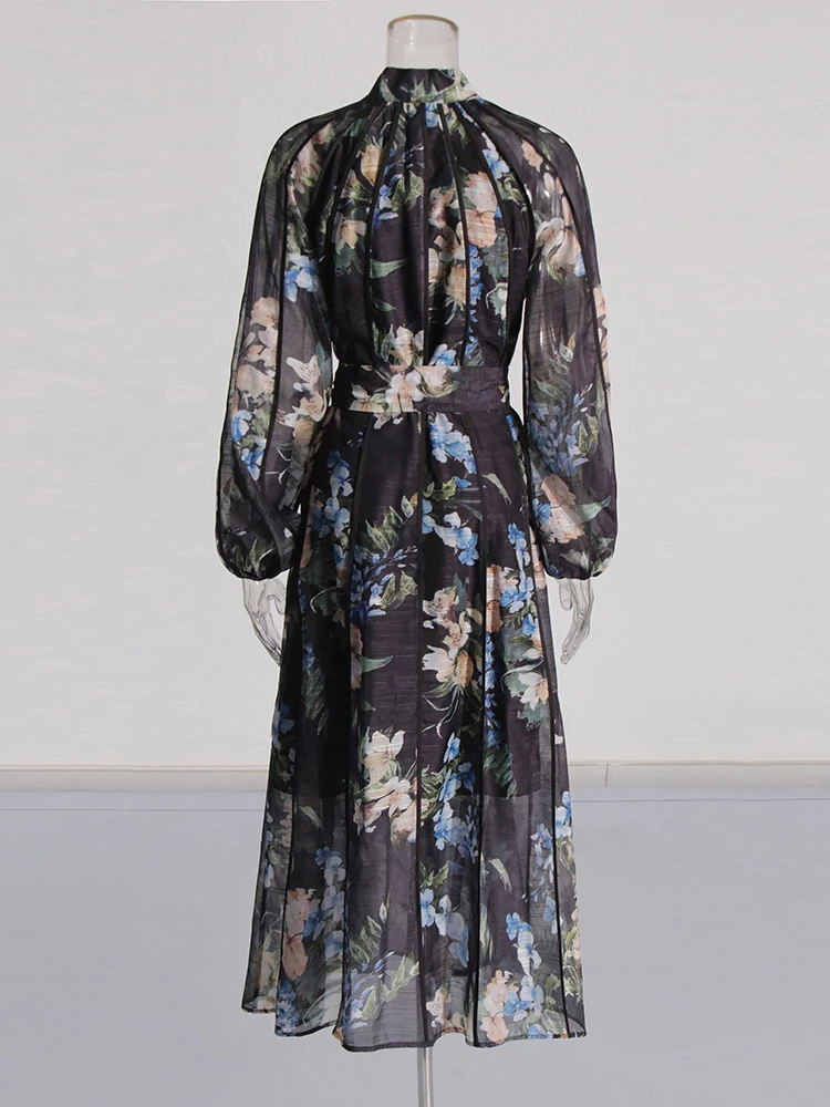 TWOTWINSTYLE Casual Hit Color Printing Dress For Women Stand Collar Lantern Sleeve Tunic Spliced Button Dresses Female KDR509120