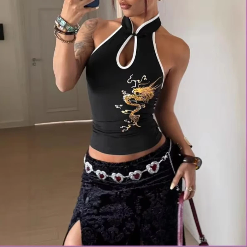 Y2K Summer Chinese Style Openwork Design Button Sleeveless Hanging Neck Cheongsam Shirt Retro Printing Pattern Sleeveless Vest