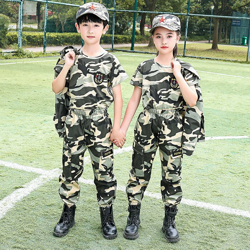 Tuta mimetica per bambini, abbigliamento da allenamento militare a maniche corte per studenti della scuola primaria, polizia, soldati, bambini