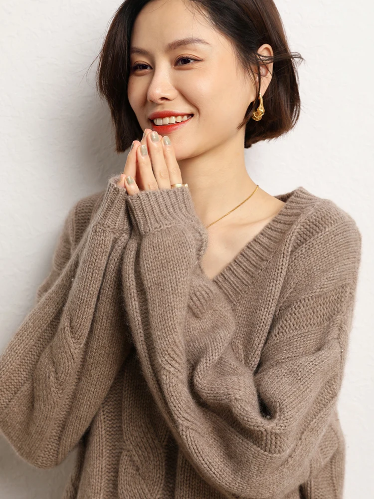 

High Quality Women's V-neck Pullover 100% Cashmere Sweater Preppy Style Luxury Spring Autumn Winter Loose Knitwear Tops