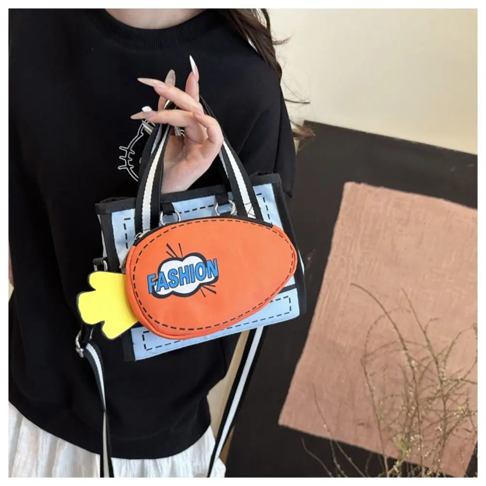 

Simple Canvas 2D Anime Tote Bag Detachable Nylon Carrot Bag Zipper All-match Cartoon Crossbody Bag Girls