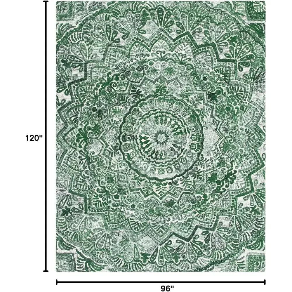 Large 8x10 Green & Ivory Handmade Wool Area Rug with Mandala Medallion Design for Living Room, Bedroom, Office, Dining Space