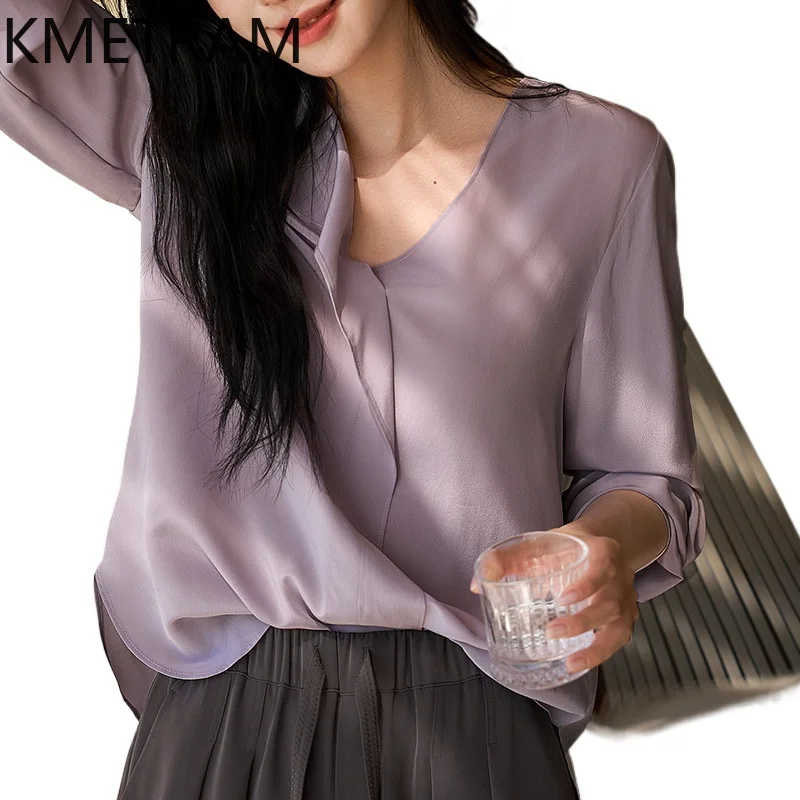 

KMETRAM 100% Mulberry Silk Spring Tops for Woman Elegant Purple V-Neck Shirts Casual Blouse Premium Women Clothes 2026 рубашка