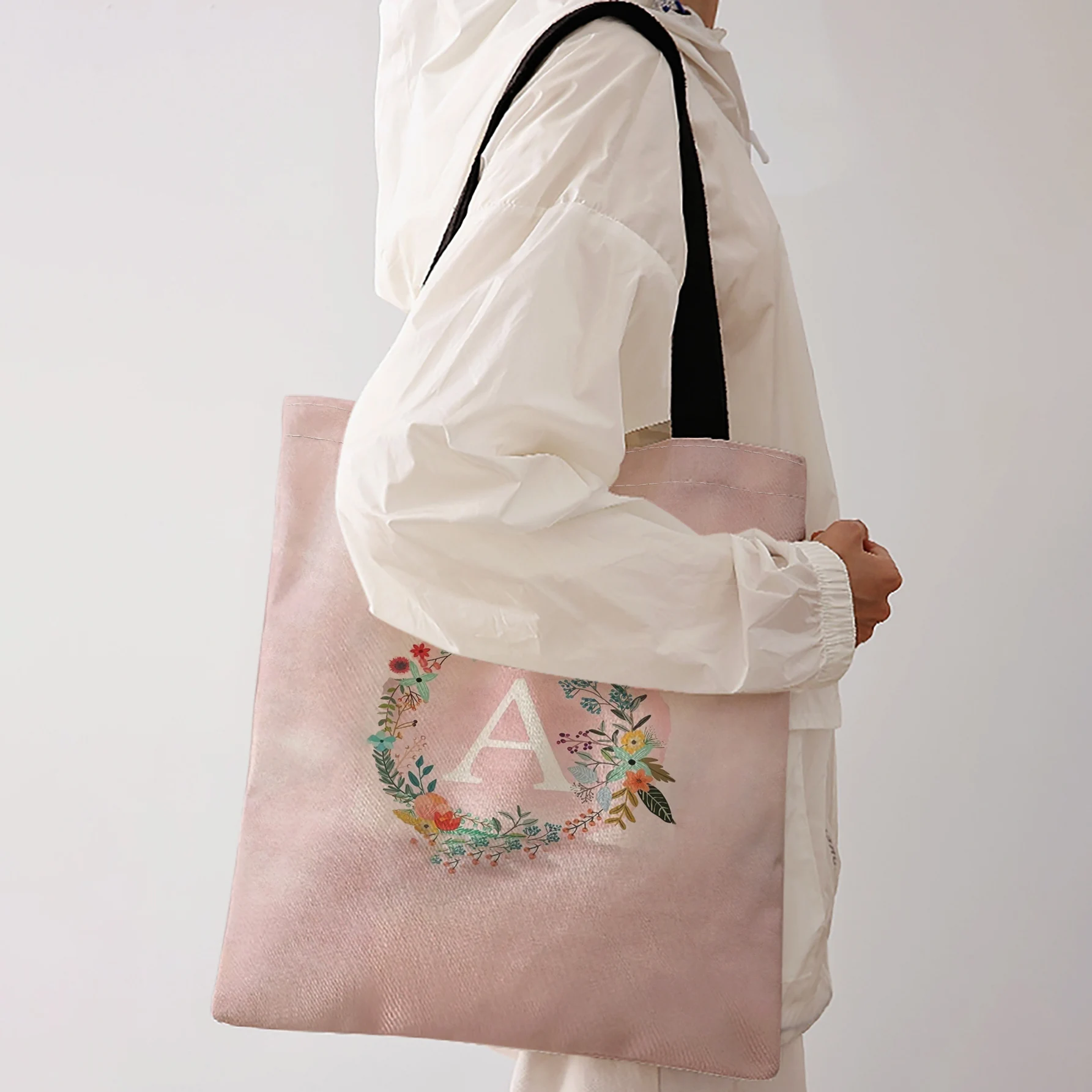 Floral Wreath Letter A Print Tote Bag Large Capacity Shoulder Bag For Shopping Travel Daily Use