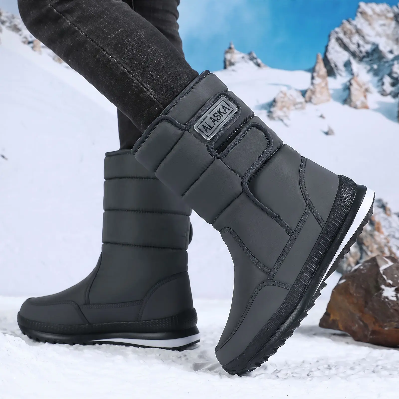 Damen-Winterstiefel, dick gefüttert mit Fleece, wasserdicht, mit Klettverschluss, mittelhohe Stiefel, rutschfest, warmes Outdoor-Schuhwerk für kaltes Wetter. – Detail 3
