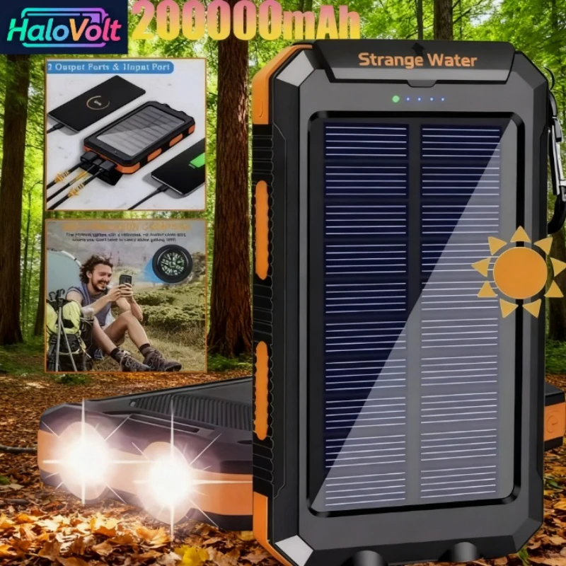Banco de energía Solar de 200000mAh, carga rápida, batería externa de gran capacidad para exteriores, linterna PowerBank para iPhone, Huawei y Xiaomi