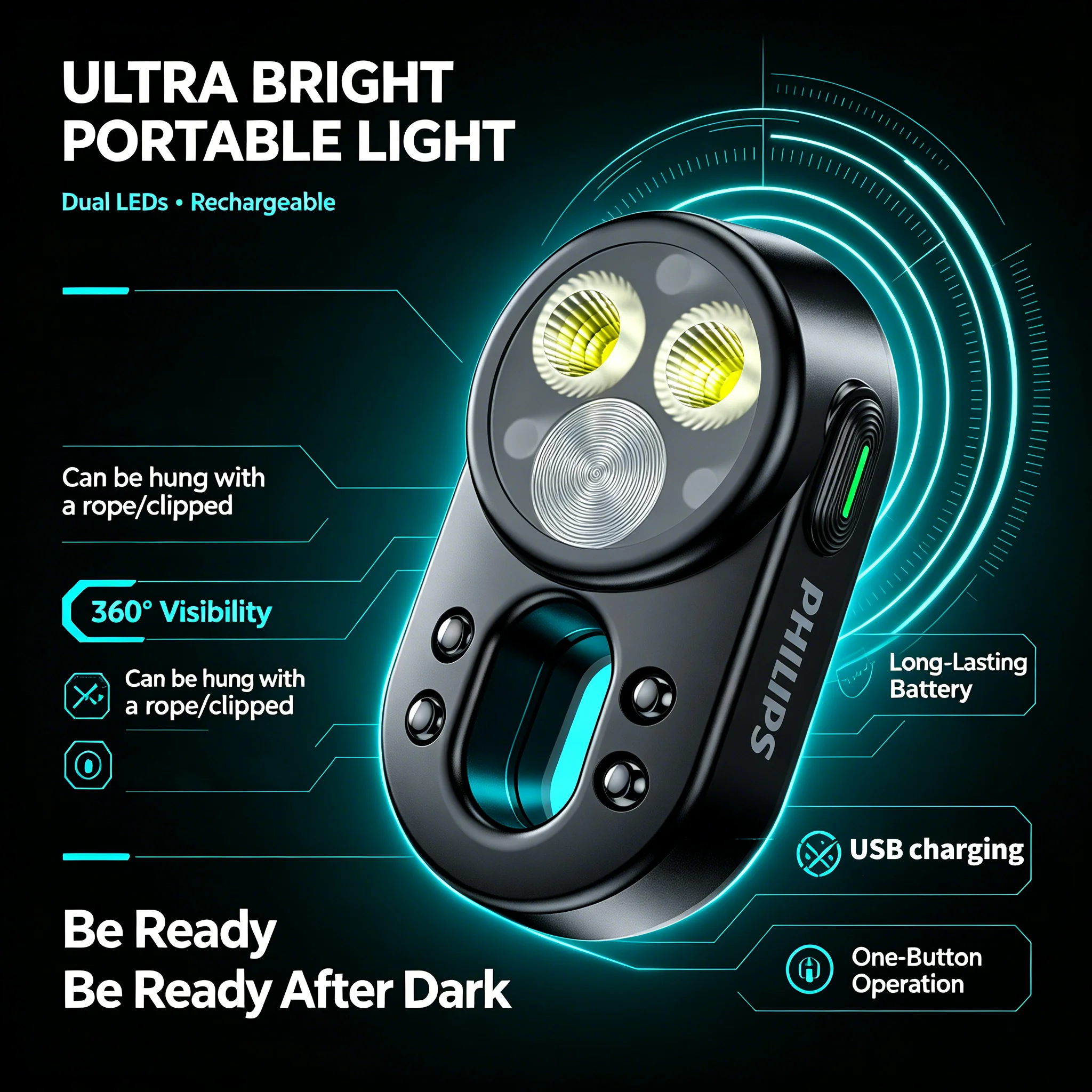 Philips Portable Flashlight Multi-Lighting Modes Hanging And Clamping Convenient for Work And Reading