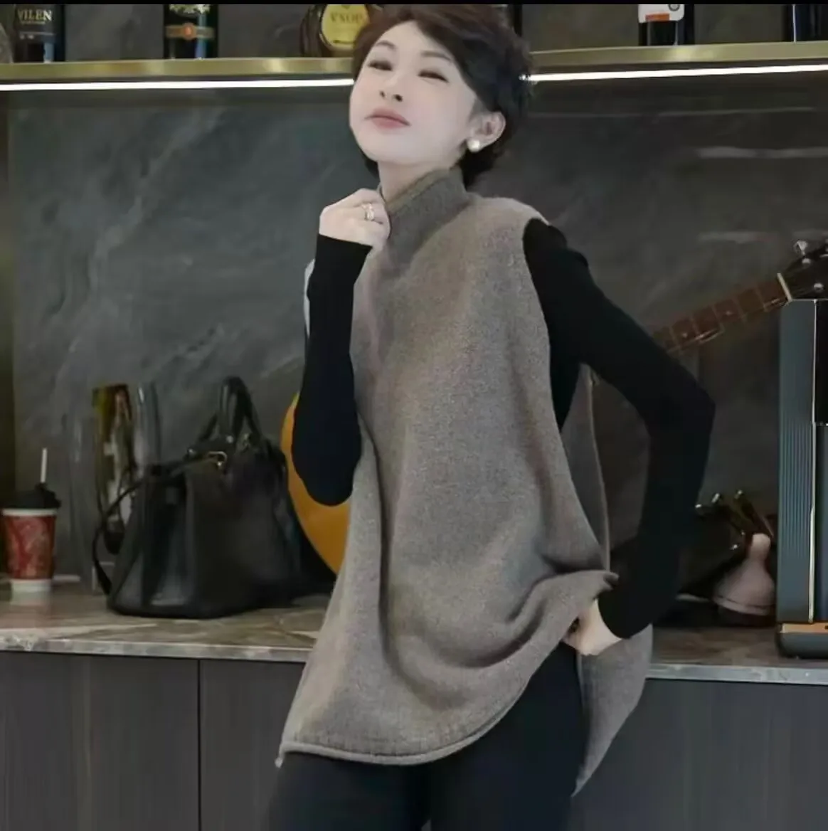 

Women's Autumn Winter New 100% Wool Pullover High Neck Simple Knitted Vest Loose Casual Korean Version Loose Versatilesleeveless