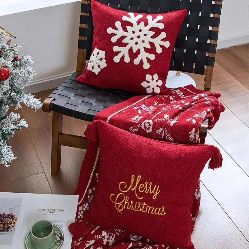 

Soft Square Pillow Cover Christmas Embroidered Pillow Cushion Cover Christmas Snowflake Deer 45x45cm Household Pillowcase