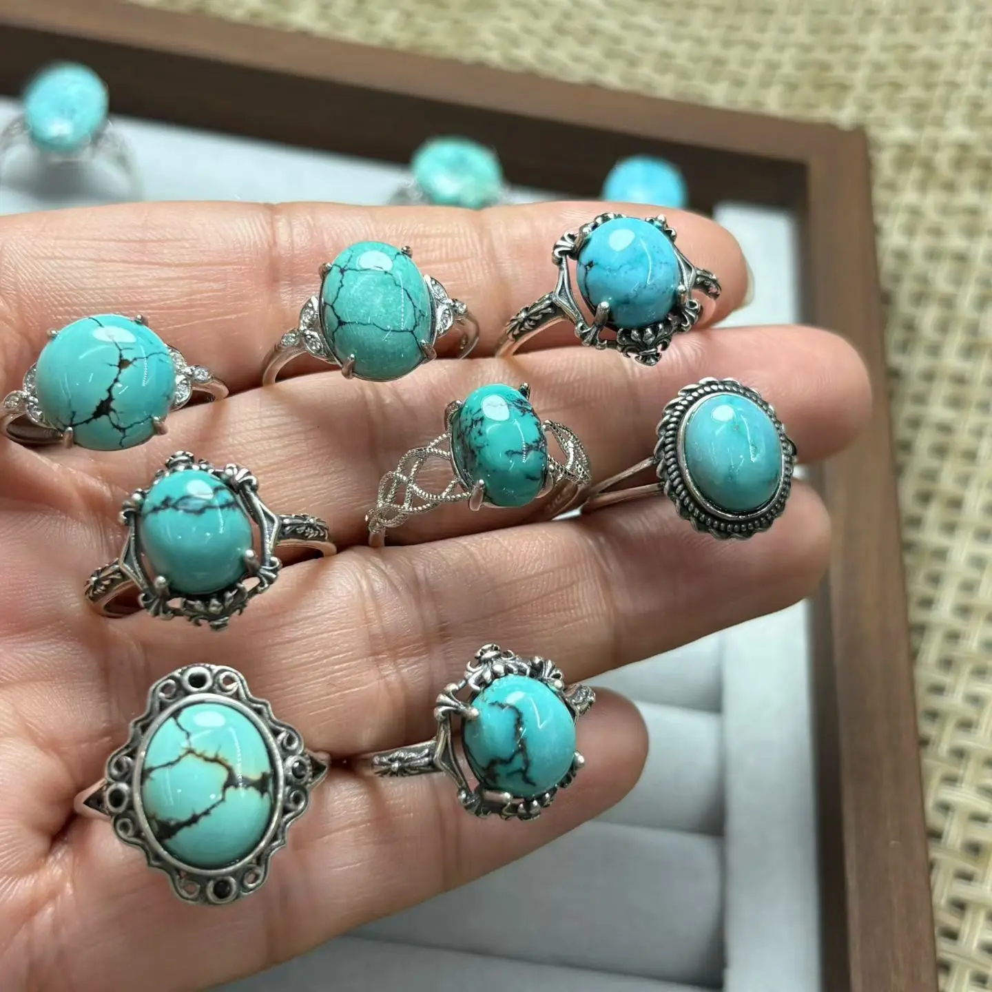1 Pc Fengbaowu Natural Turquoise Ring Round Oval Cabochon Resizable 925 Sterling Silver Reiki Healing Stone Fashion Jewelry Gift