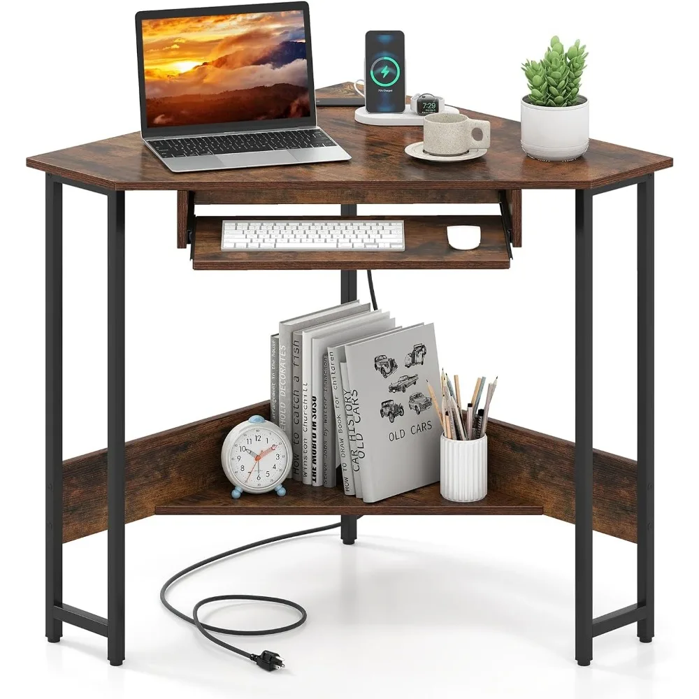 

Маленький угловой стол премиум-класса с зарядной станцией, треугольный компьютерный стол с подставкой для клавиатуры и полкой для хранения, металлический угловой письменный стол