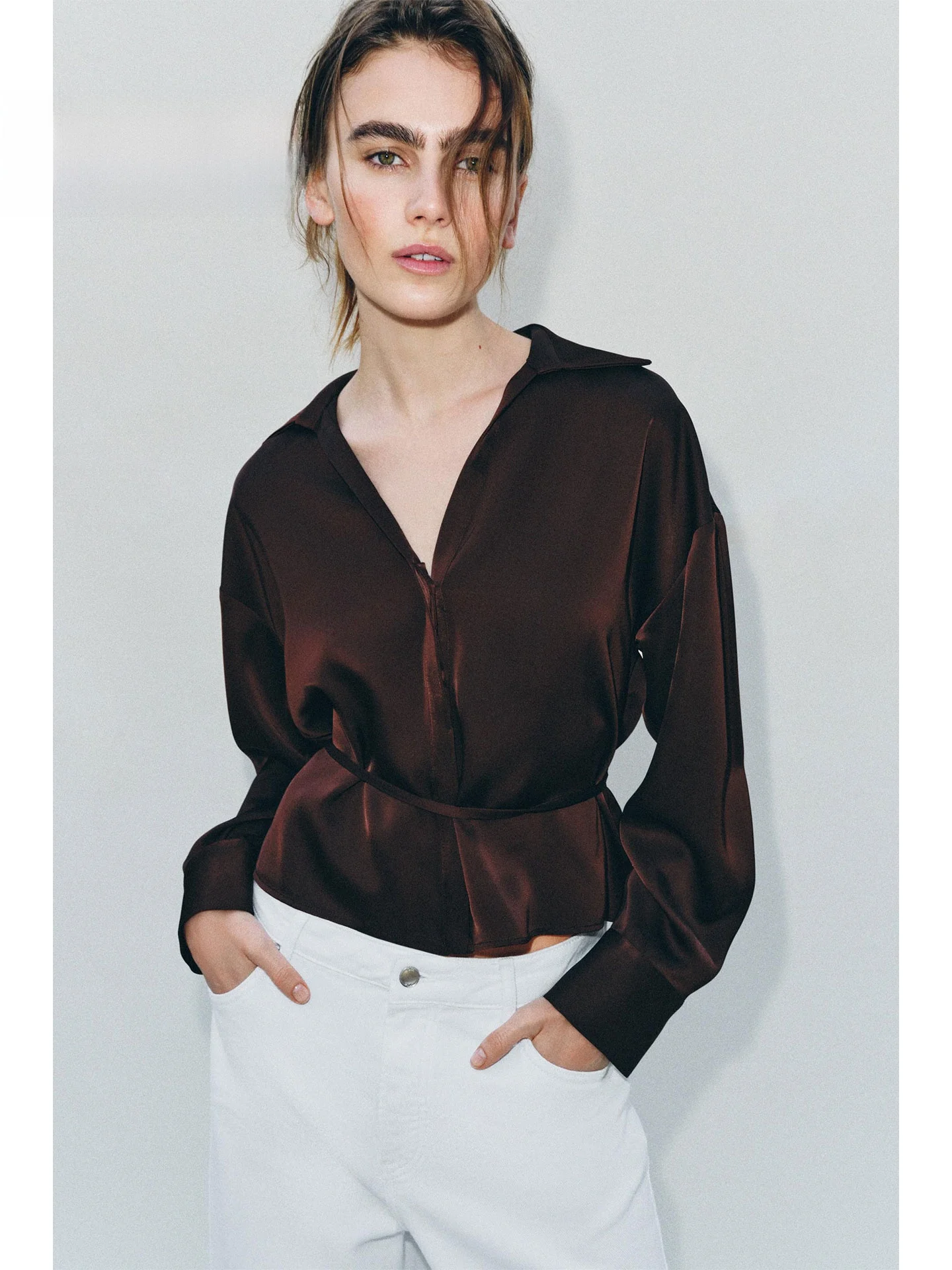 

Silk Satin Texture Shirt V-Neck Long Sleeve Belted Commuter Style Women's Premium Feel Straight Cut Full Length Buttoned Garment