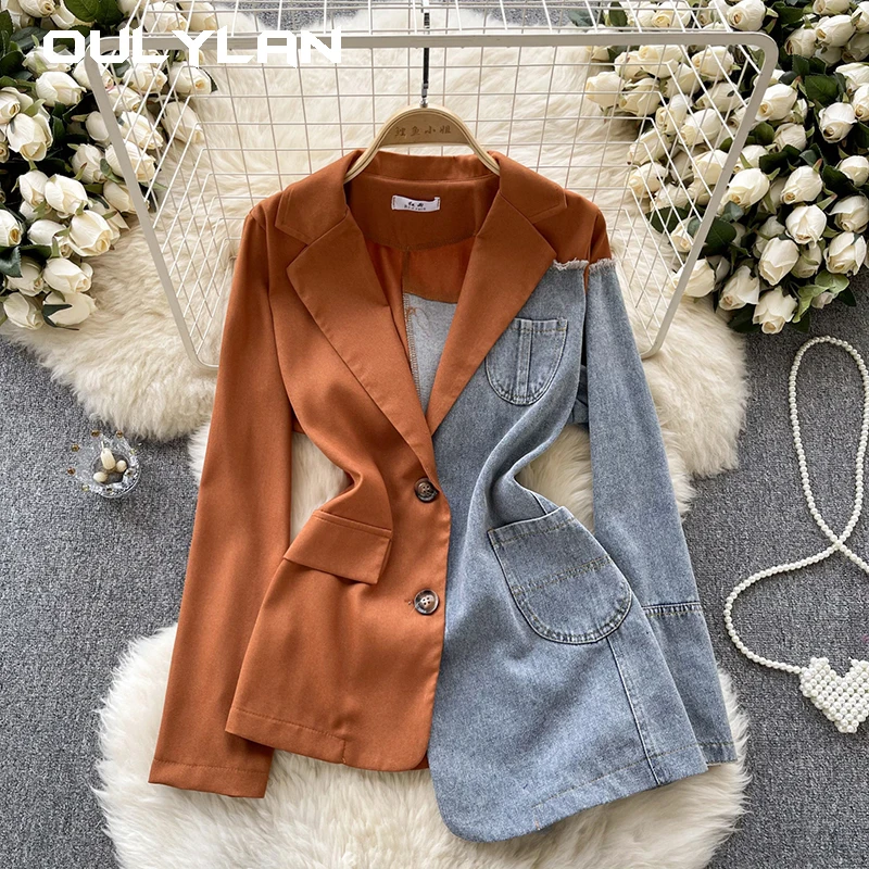 Vintage Patchwork Denim Blazer Women Spring Autumn Notched Long Sleeve Asymmetrical Jacket Office Lady Coat Blazer Mujer