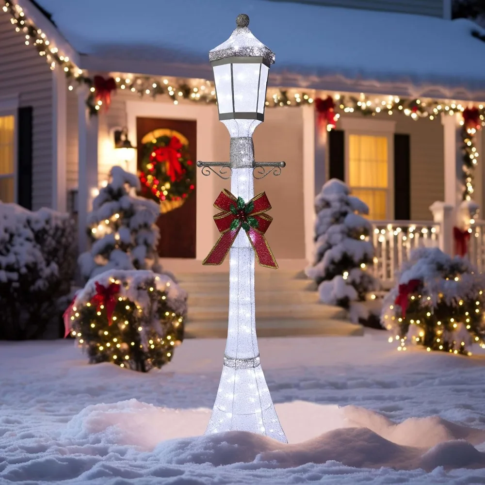 

Freestanding Christmas Lamp Post with 120 LED Lights Outdoor Glittered Festival Decoration Removable Bow