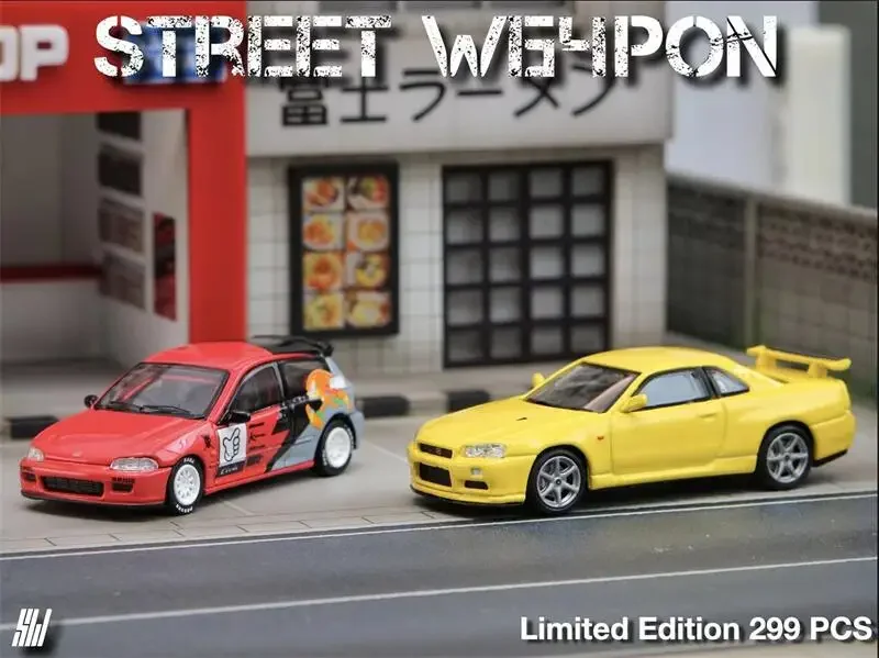 Street Weapon SW 1:64 Civic EG6 Sonic / GTR R34 V-SPEC-II Yellow limited299 Diecast Model Car