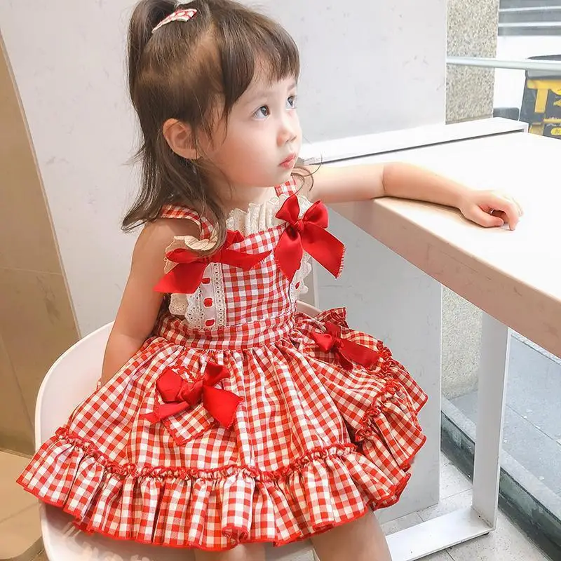 Girl Dress Summer Cute Sweet Bow Lolita Princess Dress Sleeveless Grid Cotton Puff Skirt Tiered Skirt Evening Dress Girl's Gift
