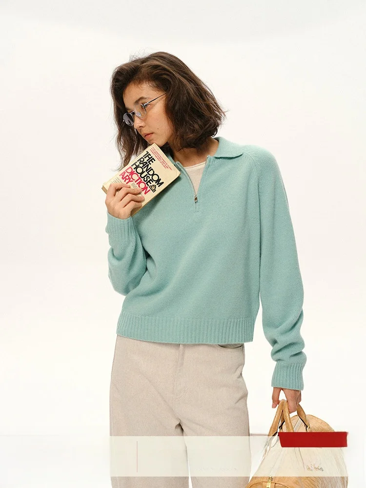 

Однотонный шерстяной вязаный пуловер с длинным рукавом, женский топ с воротником-стойкой на молнии, универсальный, новинка весны, для повседневной носки, простой и стильный