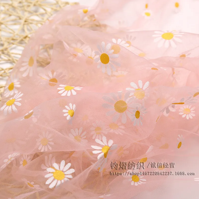 100x160cm Pink Daisy Flowers Printed Dobby Sheer Polyester Mesh Net Tulle Fabric Wedding Dress Skirts Decor Bags Sewing Material