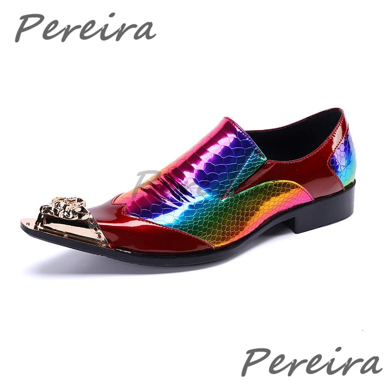 Luxury Colorful Genuine Leather Shoes for Men Designer Metal Pointed Toe Slip On Business Dress Shoes Party Wedding Oxford Shoes