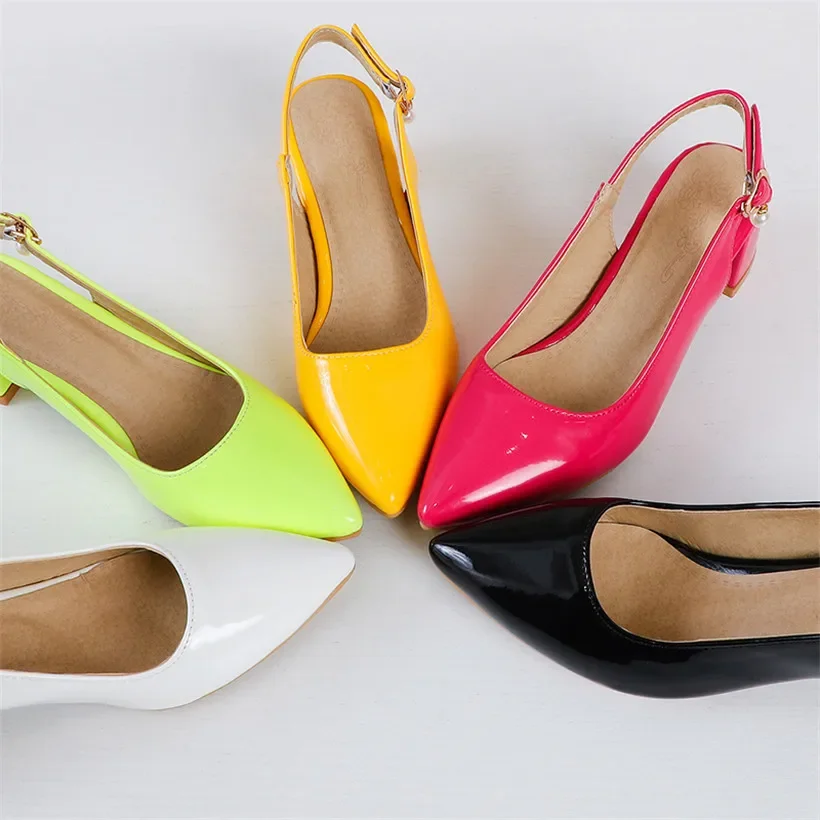 Large Size Women Mules Yellow Black Red Patent Leather High Block Heel Pumps Casual Office Pointed Toe Lady Slip-on Summer Shoes