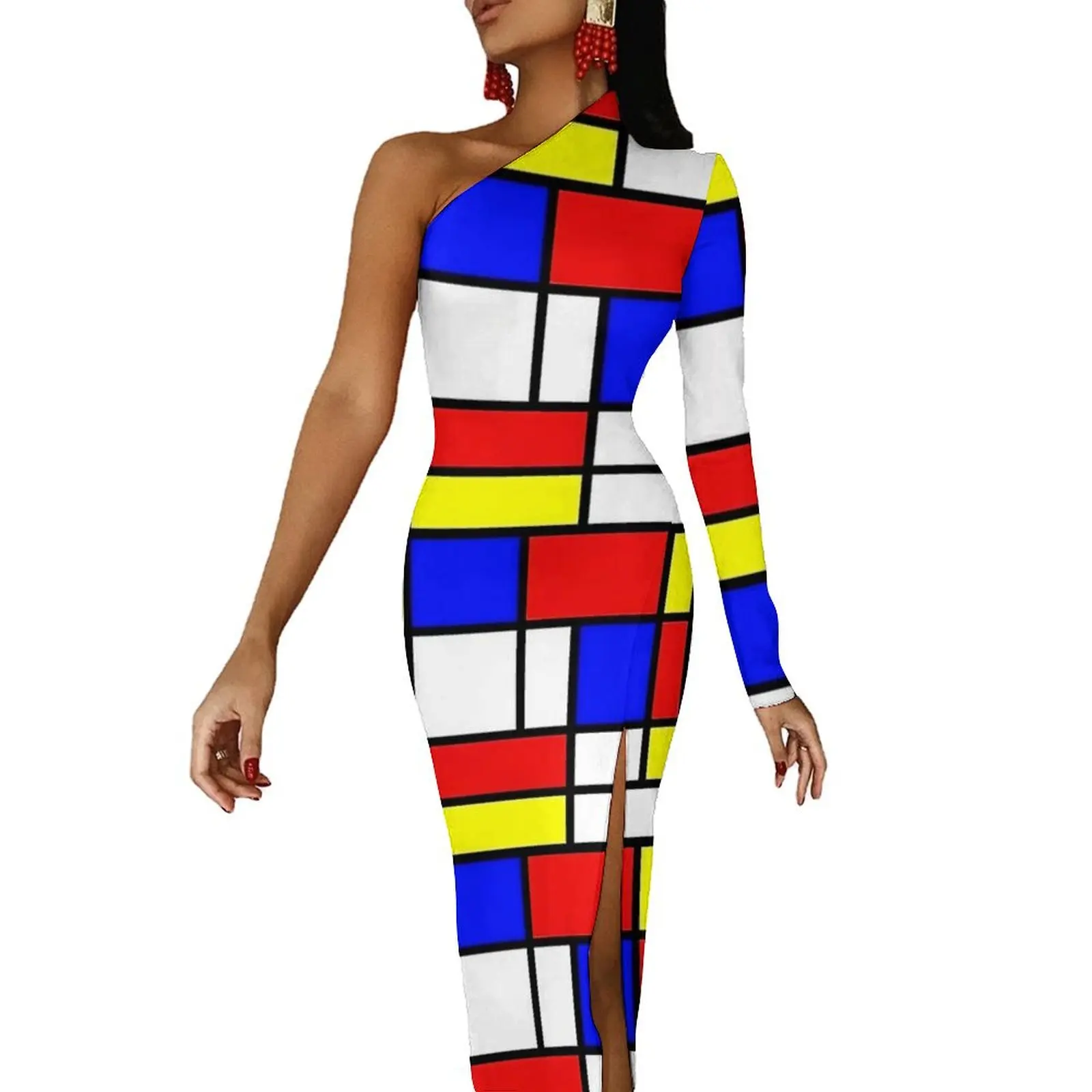 

Retro Mondrian Print Long Dress Women Street Wear Maxi Dress Autumn Kawaii Bodycon Dresses High Slit Design Vestido