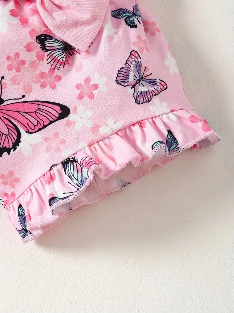 Baby Girl Butterfly Jumpsuit, Print Shorts, 3-Piece Headband Set