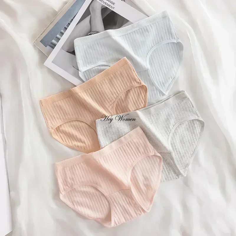 Women Cotton Panties Woman Girls Fashion Solid Color Cotton Crotch Ladies Breathable Underpants Mid-waist Casual Threaded Briefs