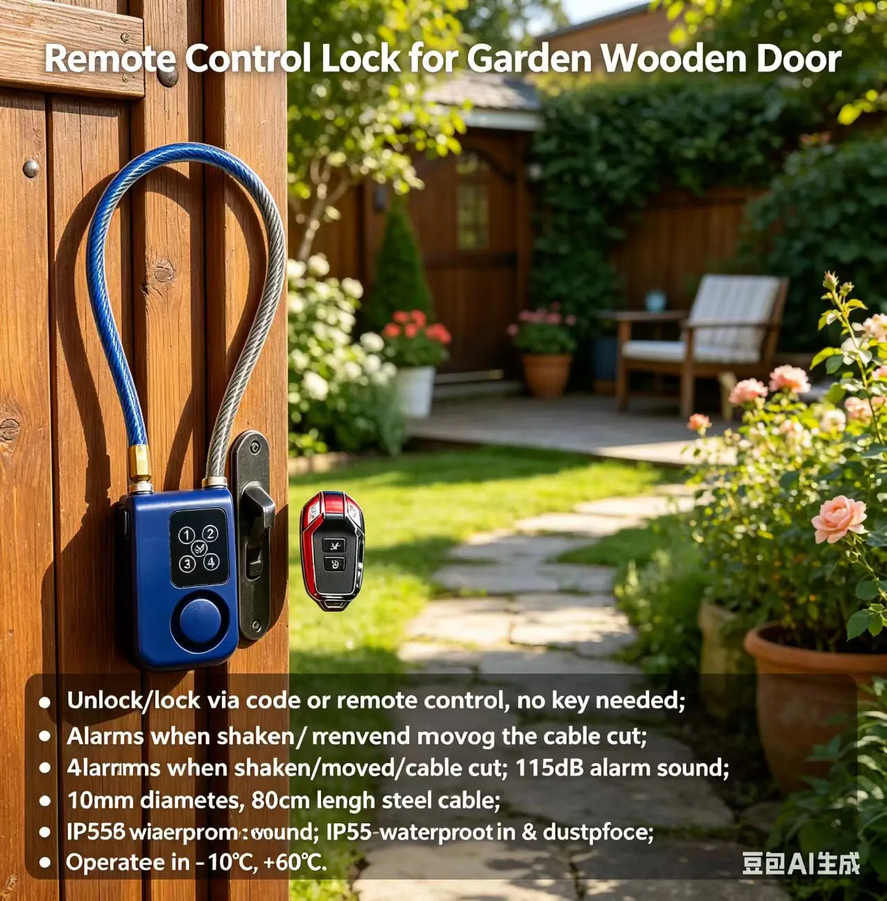 

Замок с дистанционным управлением и сигнализацией, громкая сирена 115 дБ, водонепроницаемость IP55, 4-значный пароль, прочный стальной тросовый замок для садовых ворот