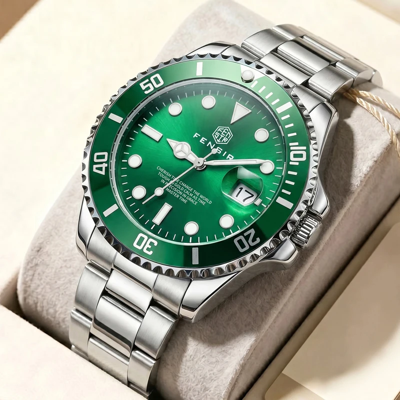 High-Quality Men's Quartz Watch, Stainless Steel Strap Waterproof Diving Watch, Luminous Calendar Round Dial, Versatile and Fashionable Men's Watch for Business and Outdoor Sports, Wear-Resistant Rotating Bezel, Light Luxury Men's Watch